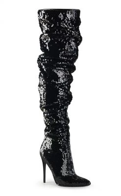 Pleaser COURTLY-3011 Black Sequin Thigh High Boots