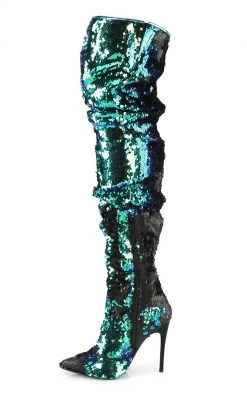 Pleaser COURTLY-3011 Green Iridescent Sequin Thigh High Boots Pole Shoes
