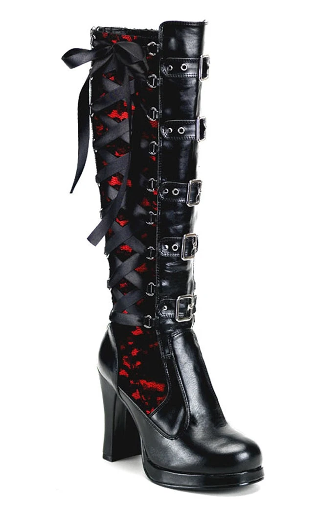Demonia Shoes CRYPTO-106 Black & Red Lace Knee High Boots 6 Demonia Shoes CRYPTO-106 Black & Red Lace Knee High Boots