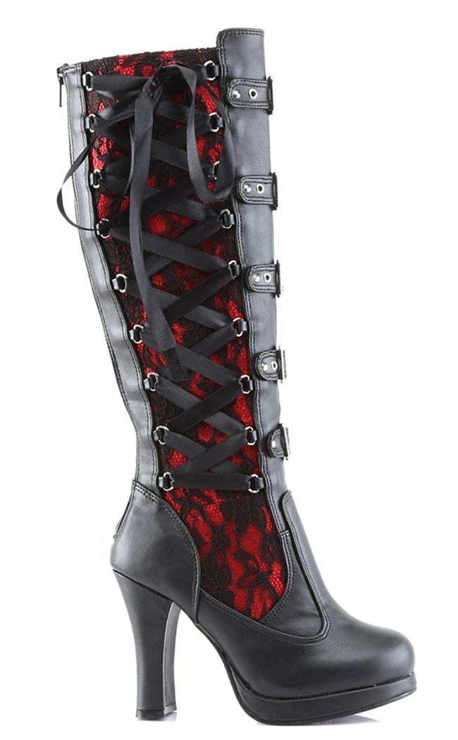 Demonia Shoes CRYPTO-106 Black & Red Lace Knee High Boots 3 Demonia Shoes CRYPTO-106 Black & Red Lace Knee High Boots