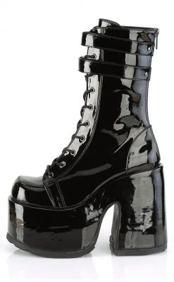 Demonia Camel-250 Black Patent Platform Boots Shoes