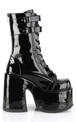 Demonia Camel-250 Black Patent Platform Boots Shoes