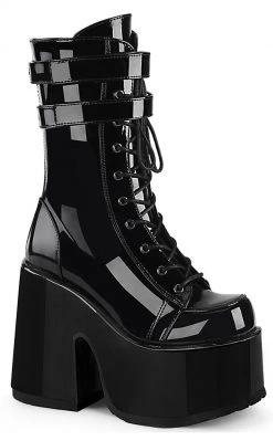 Demonia Camel-250 Black Patent Platform Boots Shoes