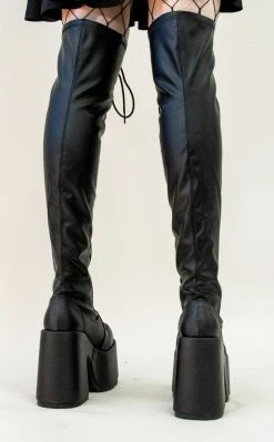 Demonia Camel-300 Black Matte Vegan Thigh High Boots Shoes