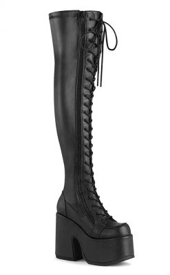 Demonia Camel-300 Black Matte Vegan Thigh High Boots Shoes