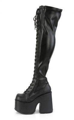Demonia Camel-300 Black Matte Vegan Thigh High Boots Shoes