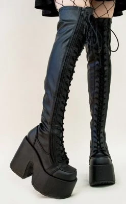 Demonia Camel-300 Black Matte Vegan Thigh High Boots Shoes