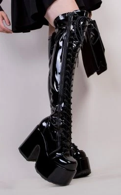 Demonia Camel-300 Black Patent Thigh High Boots (AU Stock)