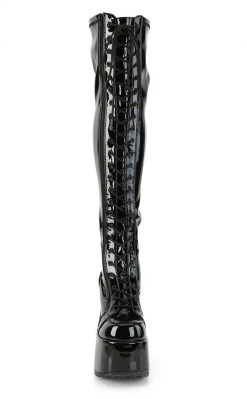 Demonia Camel-300 Black Patent Thigh High Boots Shoes