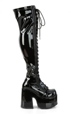 Demonia Camel-300 Black Patent Thigh High Boots Shoes