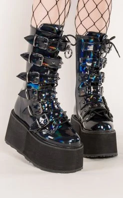 Demonia DAMNED-225 Black Holographic Boots Shoes