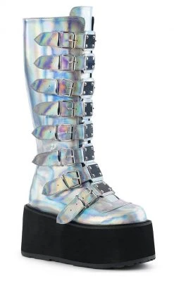 Demonia DAMNED-318 Silver Holographic Boots Shoes