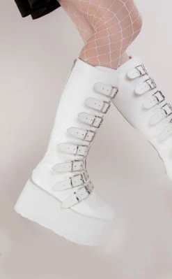 Demonia DAMNED-318 White Vegan Leather Boots (Au Stock) Shoes