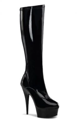 Pleaser Pole Shoes DELIGHT-2000 Blk Str Pat/Blk Knee High Boots