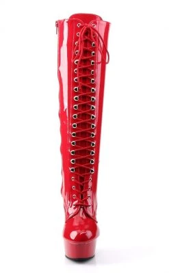 Pleaser DELIGHT-2023 Red Str Pat/Red Knee High Boots