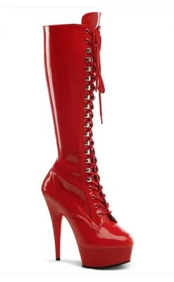 Pleaser DELIGHT-2023 Red Str Pat/Red Knee High Boots