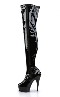Pleaser Pole Shoes DELIGHT-3000 Blk Str Pat/Blk Thigh High Boots