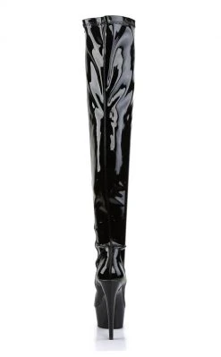 Pleaser Pole Shoes DELIGHT-3000 Blk Str Pat/Blk Thigh High Boots