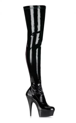 Pleaser Pole Shoes DELIGHT-3000 Blk Str Pat/Blk Thigh High Boots