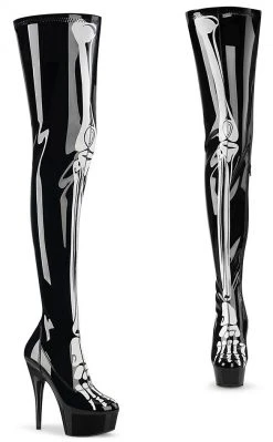 Pleaser DELIGHT-3000BONE Black Patent Bone Thigh High Boots Pole Shoes