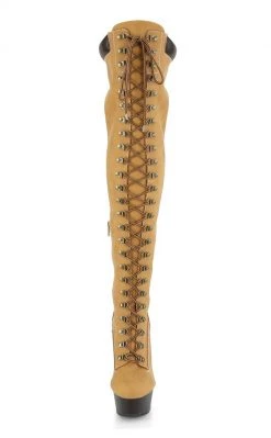 Pleaser DELIGHT-3000TL Tan Nubuck Faux Leather Over-the-Knee Boots