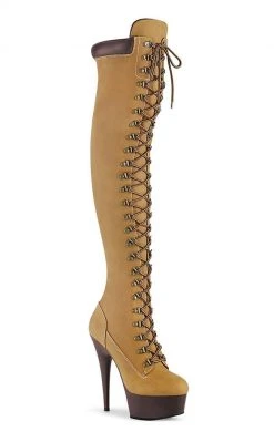 Pleaser DELIGHT-3000TL Tan Nubuck Faux Leather Over-the-Knee Boots