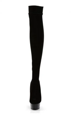 Pleaser DELIGHT-3002 Blk Str Velvet/Blk Thigh High Boots