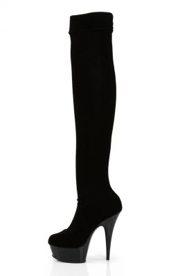 Pleaser DELIGHT-3002 Blk Str Velvet/Blk Thigh High Boots
