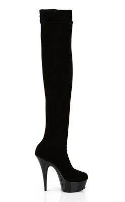 Pleaser DELIGHT-3002 Blk Str Velvet/Blk Thigh High Boots