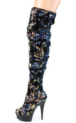 Pleaser Pole Shoes DELIGHT-3004 Blue Iridescent Sequins/ Silk Thigh High Boots