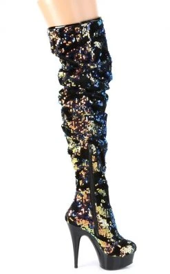 Pleaser Pole Shoes DELIGHT-3004 Blue Iridescent Sequins/ Silk Thigh High Boots