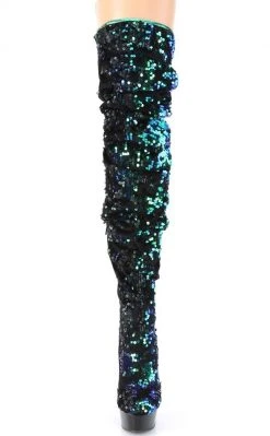 Pleaser DELIGHT-3004 Green Iridescent Sequins/ Silk Thigh High Boots