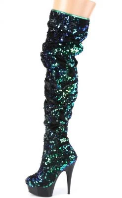 Pleaser DELIGHT-3004 Green Iridescent Sequins/ Silk Thigh High Boots
