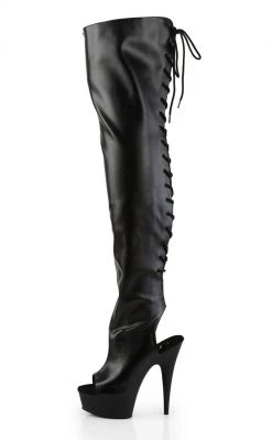 Pleaser Pole Shoes DELIGHT-3017 Blk Str Faux Leather/Blk Thigh High Boots