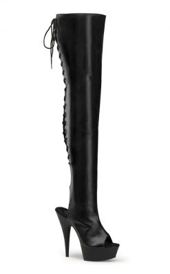 Pleaser Pole Shoes DELIGHT-3017 Blk Str Faux Leather/Blk Thigh High Boots