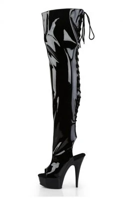 Pleaser DELIGHT-3017 Blk Str Pat/Blk Thigh High Boots Pole Shoes