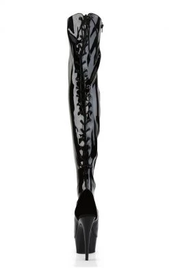 Pleaser DELIGHT-3017 Blk Str Pat/Blk Thigh High Boots Pole Shoes