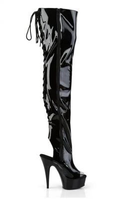Pleaser DELIGHT-3017 Blk Str Pat/Blk Thigh High Boots Pole Shoes