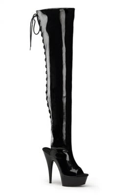 Pleaser DELIGHT-3017 Blk Str Pat/Blk Thigh High Boots Pole Shoes