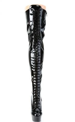 Pleaser Pole Shoes DELIGHT-3023 Blk Str Pat/Blk Thigh High Boots