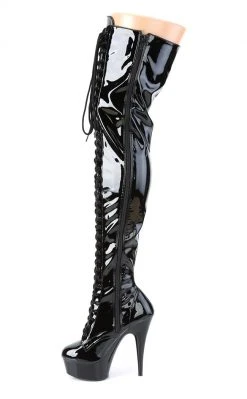 Pleaser Pole Shoes DELIGHT-3023 Blk Str Pat/Blk Thigh High Boots