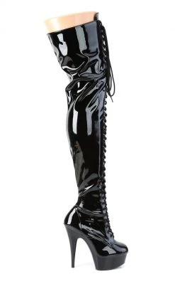 Pleaser Pole Shoes DELIGHT-3023 Blk Str Pat/Blk Thigh High Boots