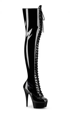 Pleaser Pole Shoes DELIGHT-3023 Blk Str Pat/Blk Thigh High Boots