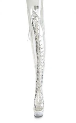 Pleaser Pole Shoes DELIGHT-3026 Clear & Silver Thigh High Boots