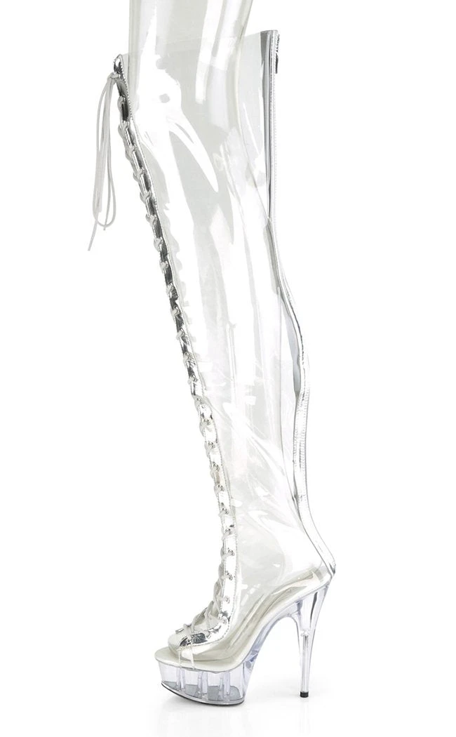 Pleaser Pole Shoes DELIGHT-3026 Clear & Silver Thigh High Boots 5 Pleaser Pole Shoes DELIGHT-3026 Clear & Silver Thigh High Boots