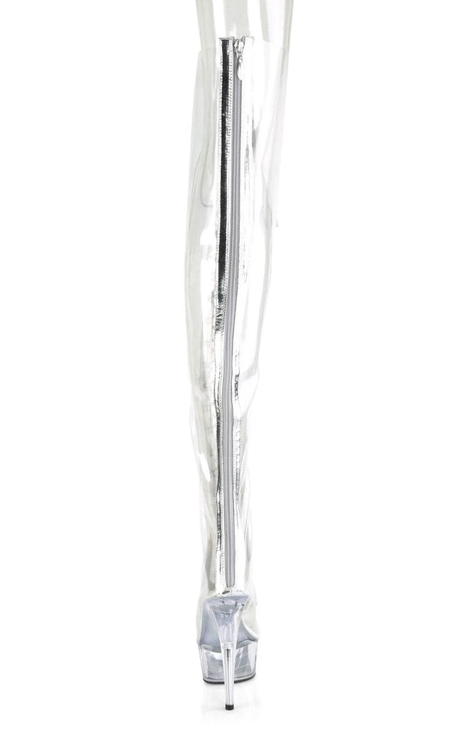Pleaser Pole Shoes DELIGHT-3026 Clear & Silver Thigh High Boots 6 Pleaser Pole Shoes DELIGHT-3026 Clear & Silver Thigh High Boots
