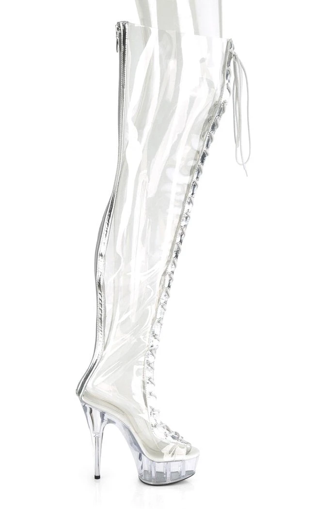 Pleaser Pole Shoes DELIGHT-3026 Clear & Silver Thigh High Boots 7 Pleaser Pole Shoes DELIGHT-3026 Clear & Silver Thigh High Boots