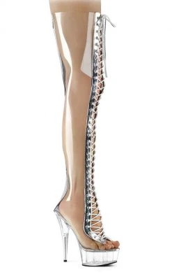Pleaser Pole Shoes DELIGHT-3026 Clear & Silver Thigh High Boots