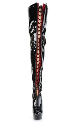 Pleaser Pole Shoes DELIGHT-3027 Black/Red Patent Thigh High Boots
