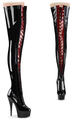 Pleaser Pole Shoes DELIGHT-3027 Black/Red Patent Thigh High Boots